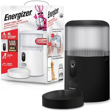 Energizer Smart Pet Feeder with 2K Video Camera, 5Ghz & 2.4Ghz Dual Band Wi-Fi, 2-Way Audio, Night Vision, 4L Food Capacity, Remote Feeding Dogs & Cats, Compatible with Alexa & Google, Records