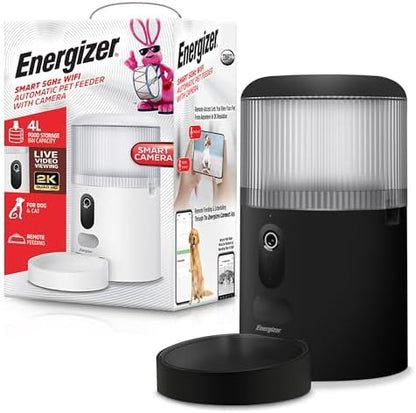 Energizer Smart Pet Feeder with 2K Video Camera, 5Ghz & 2.4Ghz Dual Band Wi-Fi, 2-Way Audio, Night Vision, 4L Food Capacity, Remote Feeding Dogs & Cats, Compatible with Alexa & Google, Records