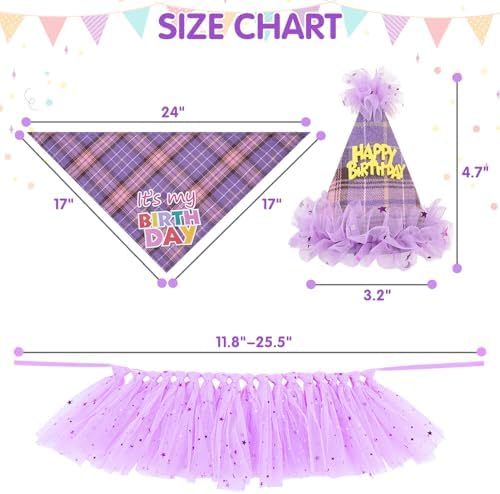 SCENEREAL Dog Birthday Bandana Hat with Dress Girl Set Party Supplies Plaid Puppy Birthday Outfit Cute Dog Tutus for Small Medium Lage Dogs, Purple Plaid - Image 2