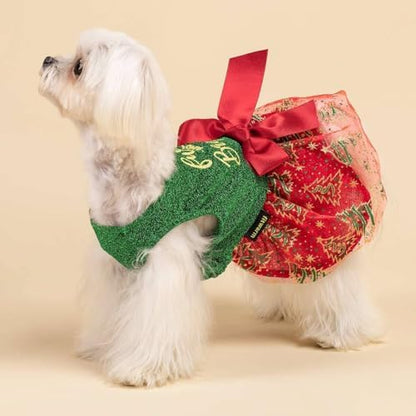Fitwarm Sparkly Dog Christmas Outfit, Tulle Dress, Winter Clothes for Small Dogs, Christmas Tree Outfit, Red, Green, Golden, XS - Image 4