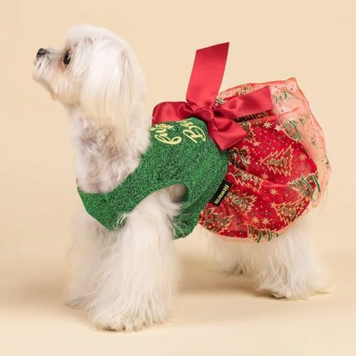 Fitwarm Furry and Bright Dog Christmas Outfit, Sparkly Pet Holiday Tulle Dress, Dog Winter Clothes for Small Dogs Girl, Dog Christmas Tree Outfit, Red, Green, Golden, XXS - Image 4