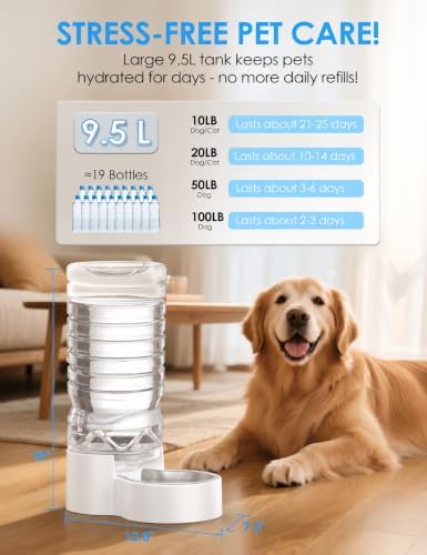 Heouvo 2.5 Gal Gravity Dog Water Dispenser, Wide-Mouth, 3 Filters, White