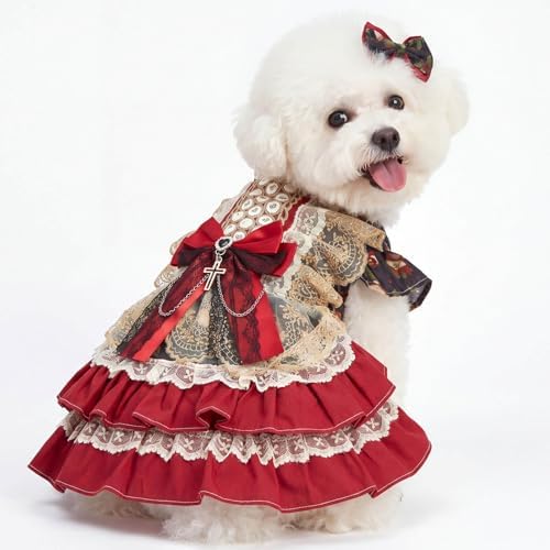 Dog Dress, Vintage Gothic Princess Dog Dress, Multi-Layer Ruffle Skirt with Statement Bow & Pendant Detail, Girl Dog Clothes for Birthday, Wedding, Party, Photoshoot(S) by Unknown