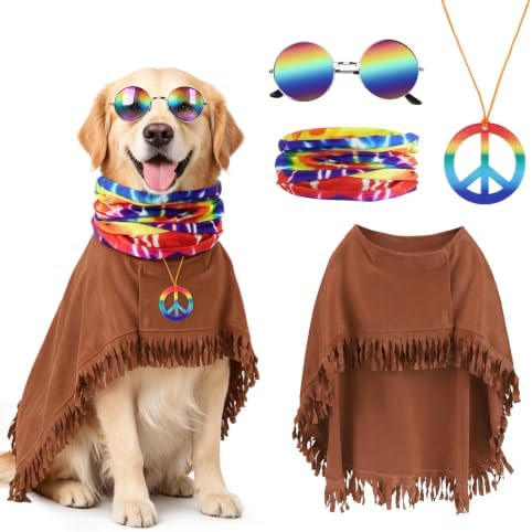 SCENEREAL 4 Pcs Hippie Dog Halloween Costume, Poncho Sunglasses Scarf by SCENEREAL