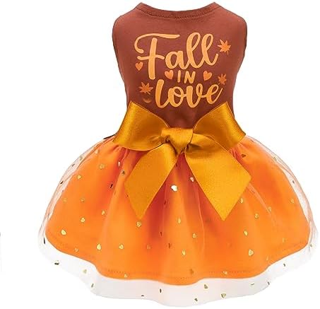 Fitwarm Thanksgiving Fall in Love Dog Dress, Sparkly Dog Clothes for Small Dogs Girl, Holiday Pet Tutu Dress, Cat Outfit, Brown, Orange, XS by Fitwarm