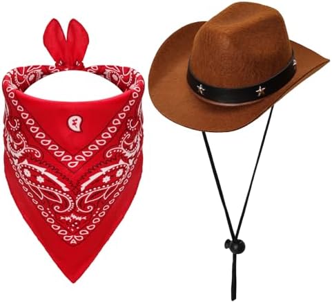 Fumwase Pet Cowboy Costume Hats with Bandana, Brown Hat + Red, Large by Fumwase