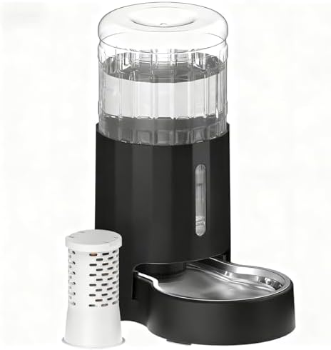 CZPET Automatic 4L Filter Dog and Cat Water Dispenser with Stainless Steel Bowl Gravity Waterer,Large Capacity and Drinking Area Noise-Free for Pets (Black)