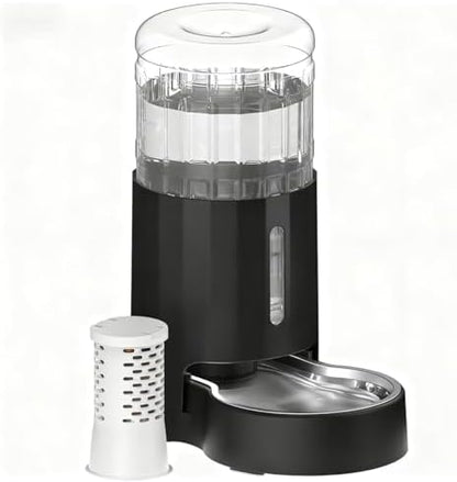 CZPET Automatic 4L Filter Dog and Cat Water Dispenser with Stainless Steel Bowl Gravity Waterer,Large Capacity and Drinking Area Noise-Free for Pets (Black)