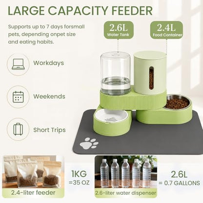Gravity Cat Feeder 2 Pack Automatic Food Feeder Stainless Steel Water Dispenser Set 360° Rotatable Pet Bowls with Silicone Mat and Brush for Cats Small Medium Dogs, Large Capacity(Green)