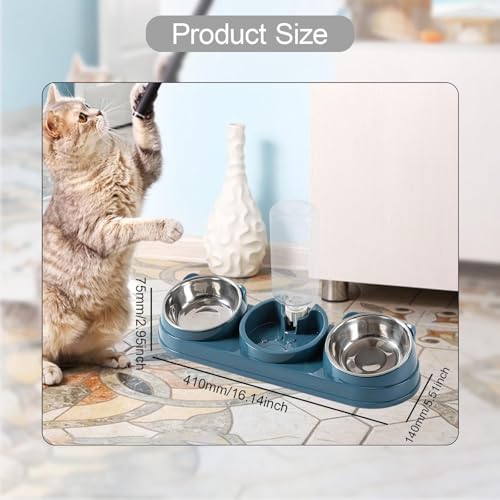 Triple Cat Bowls Pet Feeder with Water Dispenser 15° Tilted Wet and Dry Food Bowl Set for Small Dogs and Cats- Dark Blue