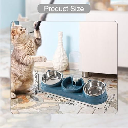 Triple Cat Bowls Pet Feeder with Water Dispenser 15° Tilted Wet and Dry Food Bowl Set for Small Dogs and Cats- Dark Blue