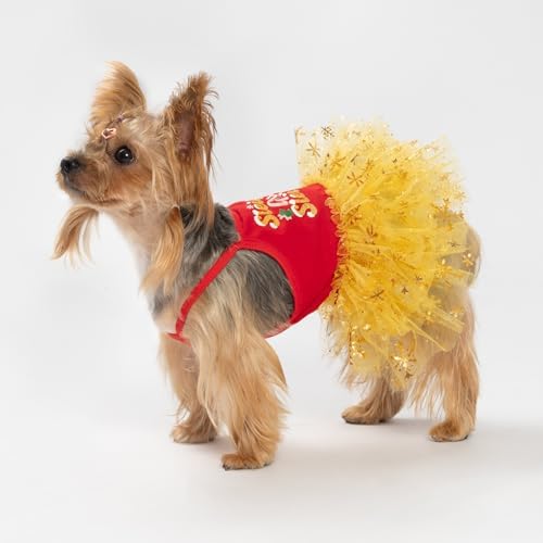 Fitwarm Sleigh Girl Sleigh Dog Tutu Dress, Fancy Christmas Clothes for Small Dogs Girl, Funny Holiday Pet Outfit, Red, Golden Yellow, Large - Image 2