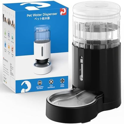 CZPET Automatic 4L/135Oz/1Gal Cat Water Dispenser with Stainless Steel Bowl, Gravity Waterer for Small Medium Dog Puppy Kitten (Black)