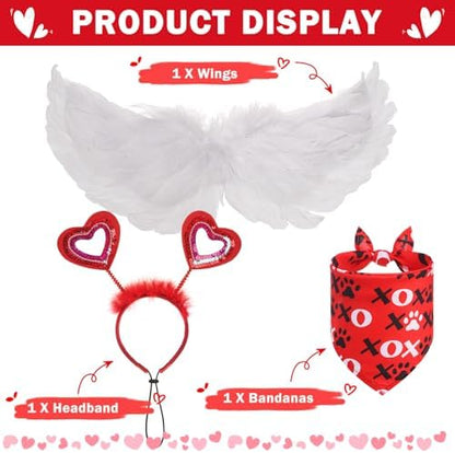 SCENEREAL Dog Valentine's Day Outfit, White Feather Wing & Heart Headband & Bandana Set, Red Puppy Kitty Party Supplies for Small Medium Dogs Cats, Pet Costumes - Image 6