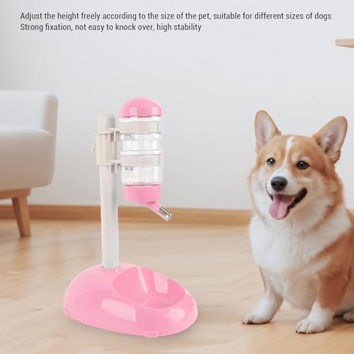 Cryfokt Pet Standing Water Dispenser, Plastic Height Adjustable 500ml Capacity Dog Water Bottle Dispenser Automatic Dog Feeding Station Food for PuppyBowl (Pink)
