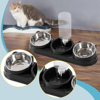 Triple Cat Bowls Pet Feeder with Water Dispenser 15° Tilted Wet and Dry Food Bowl Set for Small Dogs and Cats- Black