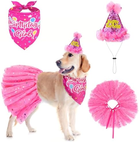 SCENEREAL Dog Birthday Bandana with Hat and Dress Girl Set, Large Dog Birthday Party Supplies, Cute Tutu Skirt Outfit for Medium Big Dogs, Rose Red XL by SCENEREAL