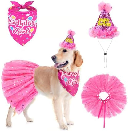 SCENEREAL Dog Birthday Bandana with Hat and Dress Girl Set, Large Dog Birthday Party Supplies, Cute Tutu Skirt Outfit for Medium Big Dogs, Rose Red XL by SCENEREAL