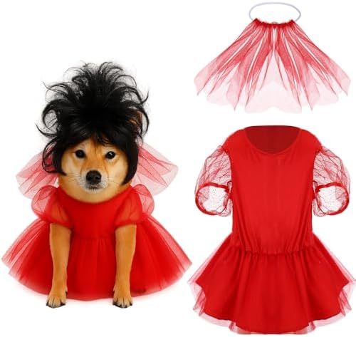 2 Pcs Halloween Dog Beetle Costume, Red Tulle Dress Black Wig by Huhumy