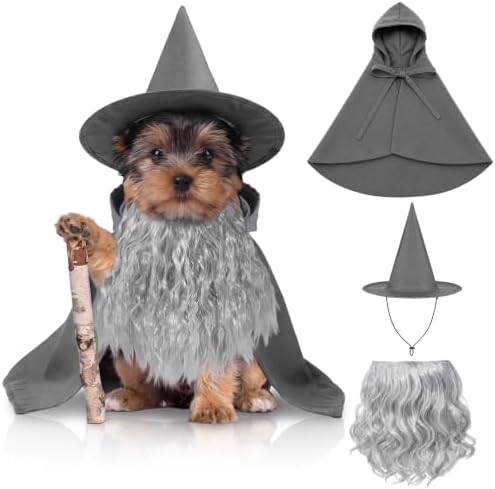 3 Pcs Halloween Pet Wizard Costume for Small Dogs Cats Kitten Puppy Cosplay Outfit Gray Polyester Halloween Party(S) by Funnysoft