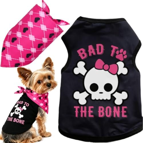 2-Piece Set Small Puppy Bad to The Bone Dog Shirt & Bandana Pet Cat Clothes Outfit XL by KireiSui