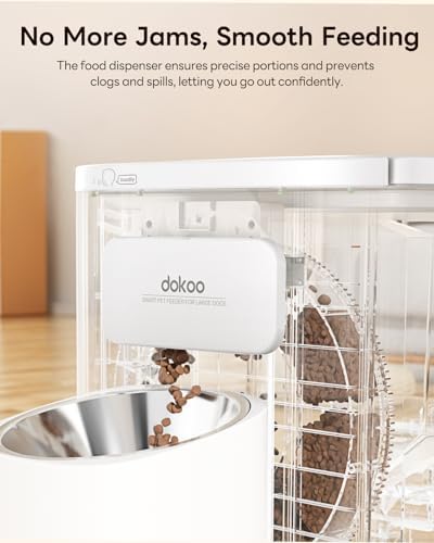 Dokoo Automatic Dog Feeder for Large Breeds, 15L/63 Cups Vacuum-Sealed Airtight Auto Pet Feeder for Dry Food, Timed Feeding, Anti-Clog Dispenser 2-22mm Kibble, Voice Recorder, Stainless Steel Bowl