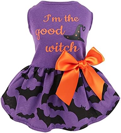 Fitwarm 100% Cotton I'm The Good Witch Halloween Dog Costume Puppy Dress Doggie Party One Piece with Bowknot Pumkin Bat Pet Vest Shirt Holiday Cat Outfits Purple Medium by Fitwarm