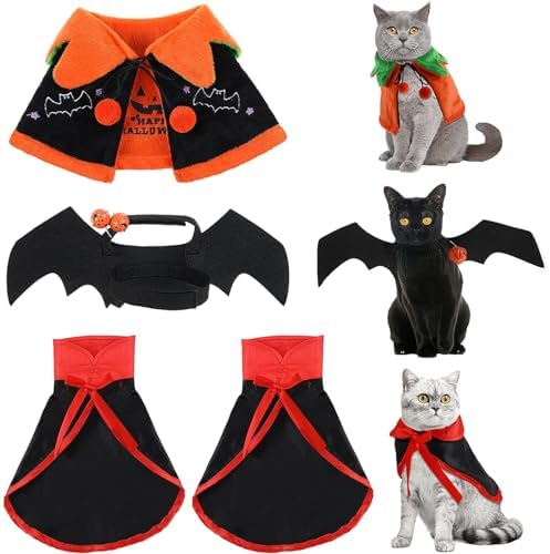 4 Pcs Pet Cat Halloween Costume Dog Vampire Cloak Reversible Cute Cat Pumpkin Cape Bat Wings with Bells for Pet Dog Cat Cosplay Holiday Halloween Party Decor (Black, Red, Orange, Solid Pattern) by Frienda