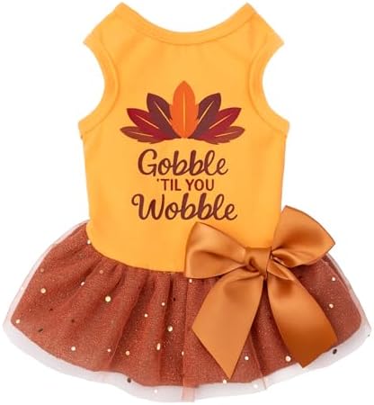 Fitwarm Gobble 'til You Wobble Dog Dress, Funny Thanksgiving Outfit for Small Dogs Girl, Festive Pet Clothes, Yellow, Orange, Medium by Fitwarm