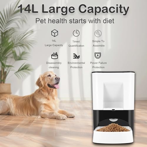 14L Large Automatic Dog Feeder for Large Breeds, Timed Pet Food Dispenser with Lock Lid, Voice Recording, Dual Power, Moisture-Proof Storage