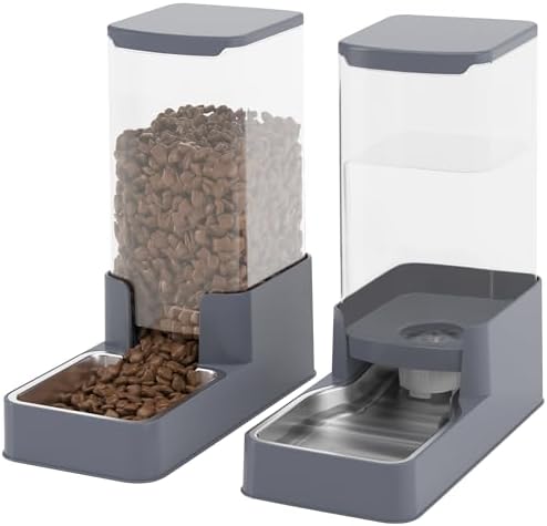 Automatic Cat Feeder and Water Dispenser in Set with Pet Food Bowl,Gravity Dog Waterer and Food Feeder for Small Medium Dog Cat Puppy Kitten Large Capacity(3.8L,Grey,Stainless Steel Bowl)