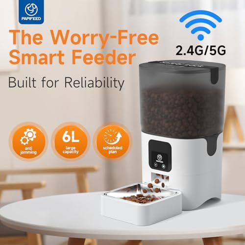PAPIFEED Automatic Cat Feeder with App, 5G WiFi Auto Cat Feeder, 6L Slow-Feed Cat Food Dispenser for Dry Food, Dual Power Supply Timed Pet Feeder for Small Dog, 10 Meals/Day, 12 Portions/Meal, White