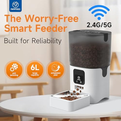 PAPIFEED Automatic Cat Feeder with App, 5G WiFi Auto Cat Feeder, 6L Slow-Feed Cat Food Dispenser for Dry Food, Dual Power Supply Timed Pet Feeder for Small Dog, 10 Meals/Day, 12 Portions/Meal, White