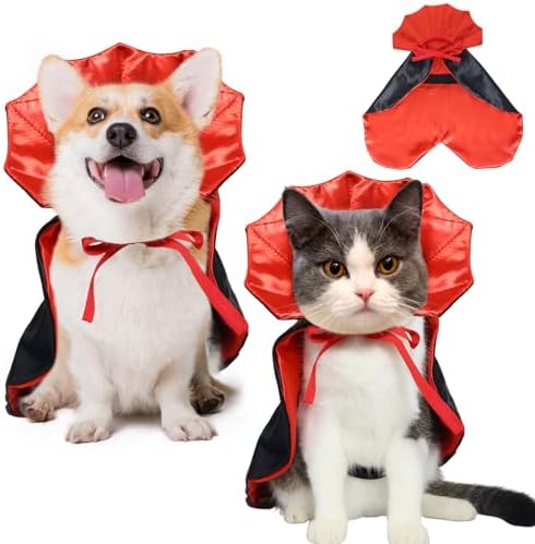 ROSAUI Halloween Pet Vampire Cape – Adjustable Red & Black Costume for Cats & Small Dogs 15.74″ Spooky Cloak with Stand-Up Collar Funny Halloween Pet Outfit (S Size) by ROSAUI