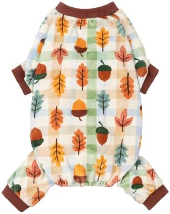 Fitwarm Acorn & Leaves Plaid Fleece Dog Pajamas, Thanksgiving Outfit for Small Dogs Boy Girl, Festive Pet Clothes, Funny Doggy Onesie, Brown, Orange, Green, XL by Fitwarm