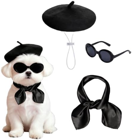 Dog Beret Scarf Glasses Pet French Beanie for Small Dogs Cats(Black, Small) by hoyuwak