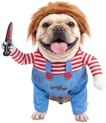 Deadly Doll Dog Costume for Small Medium Large Dogs, Funny Pets Cosplay Halloween Dog Clothes for Party, Walking Illusion Puppy Outfit with Wig and Knife by Unknown