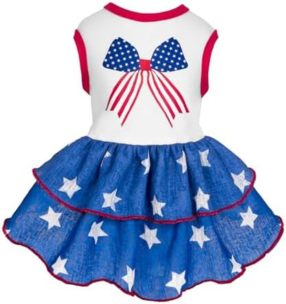 Fitwarm Patriotic Bowknot Tiered Ruffle Dog Dress, 4th of July Clothes for Small Dogs Girl, Pet Outfit, Royal Blue, Red, White, Small by Fitwarm