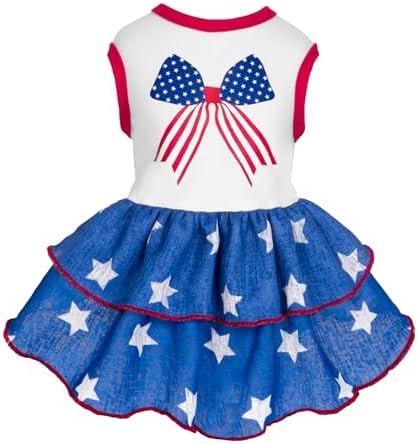 Fitwarm Patriotic Bowknot Tiered Ruffle Dog Dress, 4th of July Clothes for Small Dogs Girl, Pet Outfit, Royal Blue, Red, White, XXS by Fitwarm