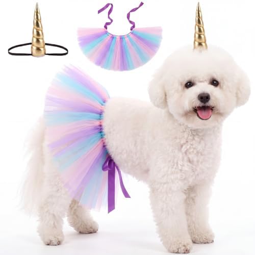 2 Pcs Unicorn Dog Costume, Pastel Tutu and Unicorn Horn Headband by Bunnycool