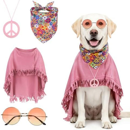 PAWCHIE Halloween Dog Hippie Costume Set 60s 70s, Pet Costume Accessories Includes Hippie Fringed Cape Bandana Glasses and Peace Necklace, Adjustable Boho Pet Outfit for Large Dogs Party Photo, Pink L by PAWCHIE