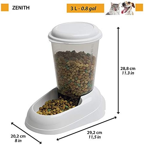 Ferplast Dry Food Dispenser for Dogs and Cats 3 Liter Zenith Practical pet Feeder Food Dispenser Biscuits for Animals, Transparent Tank with lid, Non-Slip Bottom, 20,2 x 29,2 x h 28,8 cm White