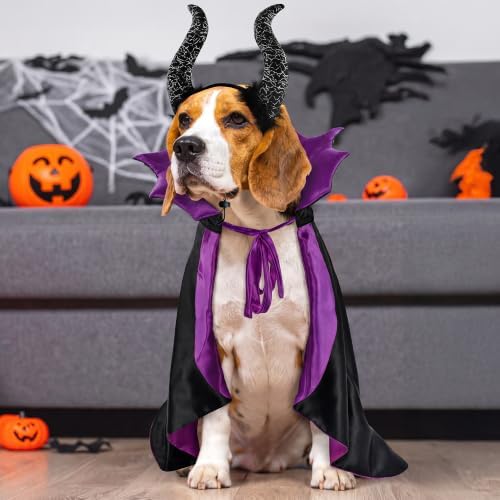 2 Pcs Dog Halloween Costume Set Cat Witch Vampire Cape Devil Horns Hat Holiday Clothes for Cat Puppy Halloween Party Pet Outfits (Purple) L - Image 5