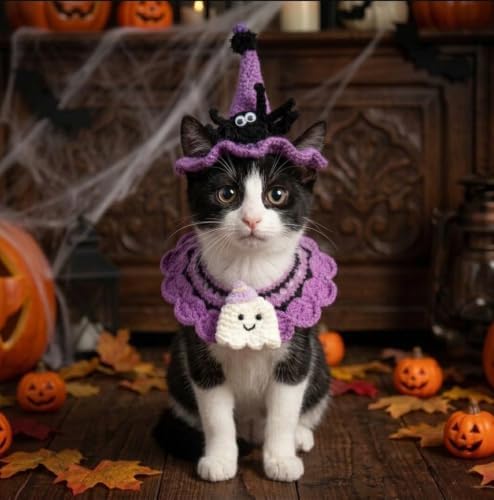 Halloween Cat Costume & Dog Outfit – Handmade Purple Witch Hat & Cute Ghost Cat Clothes, Adjustable Pet Outfit for Rabbits,Cats &Small Dogs, Lightweight & Breathable, Festive Pet Accessories - Image 3