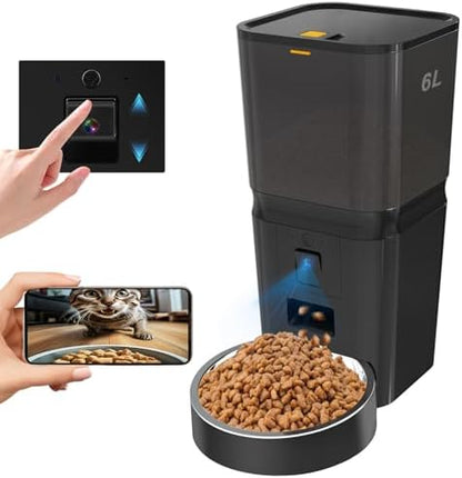 Automatic Cat & Dog Feeder with Camera, 6L Smart WiFi Pet Food Dispenser for Small Pets - Timed Feeding App, Battery Backup, Voice Recorder, Night Vision & Portion Control