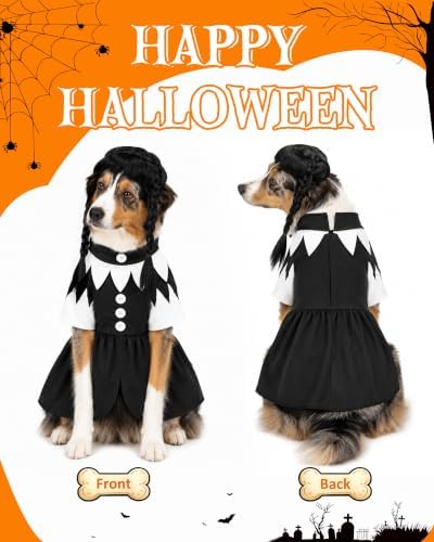 Dog Halloween Costume with Braided Wig, Spooky Black and White Collar Dress for Medium Large Dogs, Creepy Doll Pet Cosplay Outfit, Gothic Party Apparel - Image 2