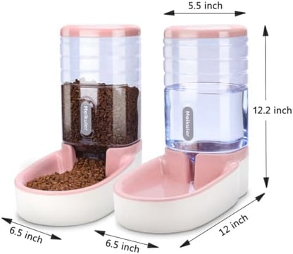 Meikuler Automatic Dog Cat Feeder and Water Dispenser Set,Waterer and Gravity Food Feeder for Small & Medium Dogs Cats Puppies,Large Capacity 1 Gallon x 2(Pink)
