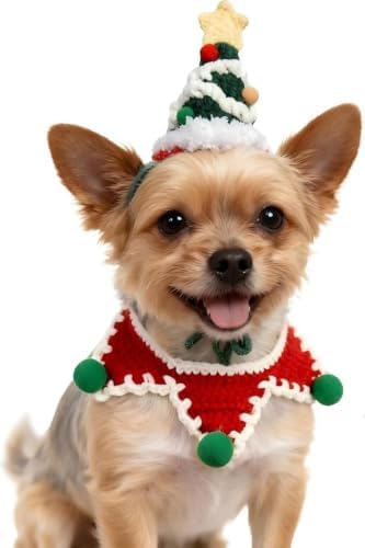 Christmas Dog Costume,Handmade Dog Outfit with Christmas Tree Cat Hat,Knitted Cat Costume,Adjustable Fit Pet Apparel for Cats and Small Sized Dogs,Gifts for Dogs and Cats by MITOCAPY