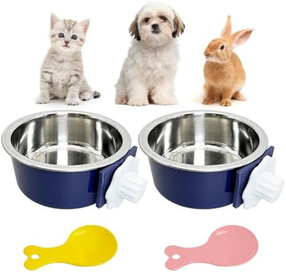 Hamiledyi Crate Dog Bowl Cat 2 Pcs Removable Stainless Steel Hanging No Spill Pet Bowl for Kennels Durable Detachable Design Fits Small Medium Dog Cages (Dark Blue