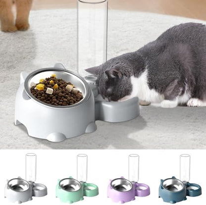 Automatic Cat Dog Bowls with Water Dispenser - 15° Tilted Stainless Steel Food & Water Bowl Set, Detachable Leakproof Pet Feeder for Small Medium Pets, Non-Slip Easy Clean Design (PL)